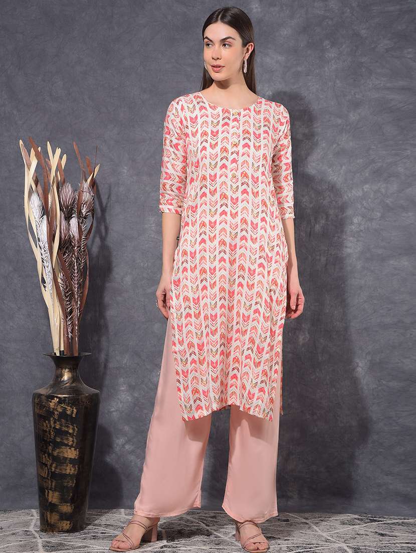 women geometric three quarter sleeve straight kurta - 21627446 -  Zoom Image - 0