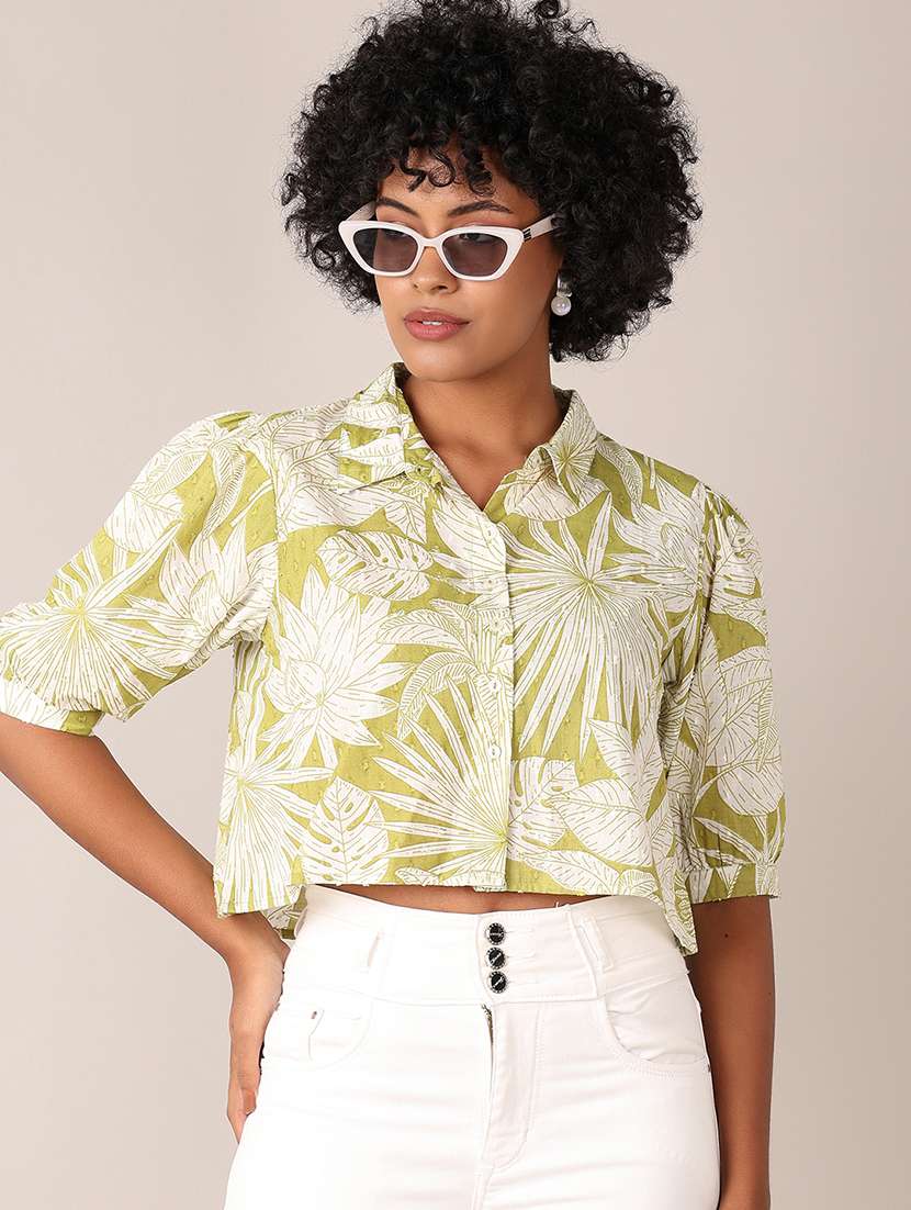 women lime floral short sleeve crop shirt - 21627469 -  Standard Image - 2