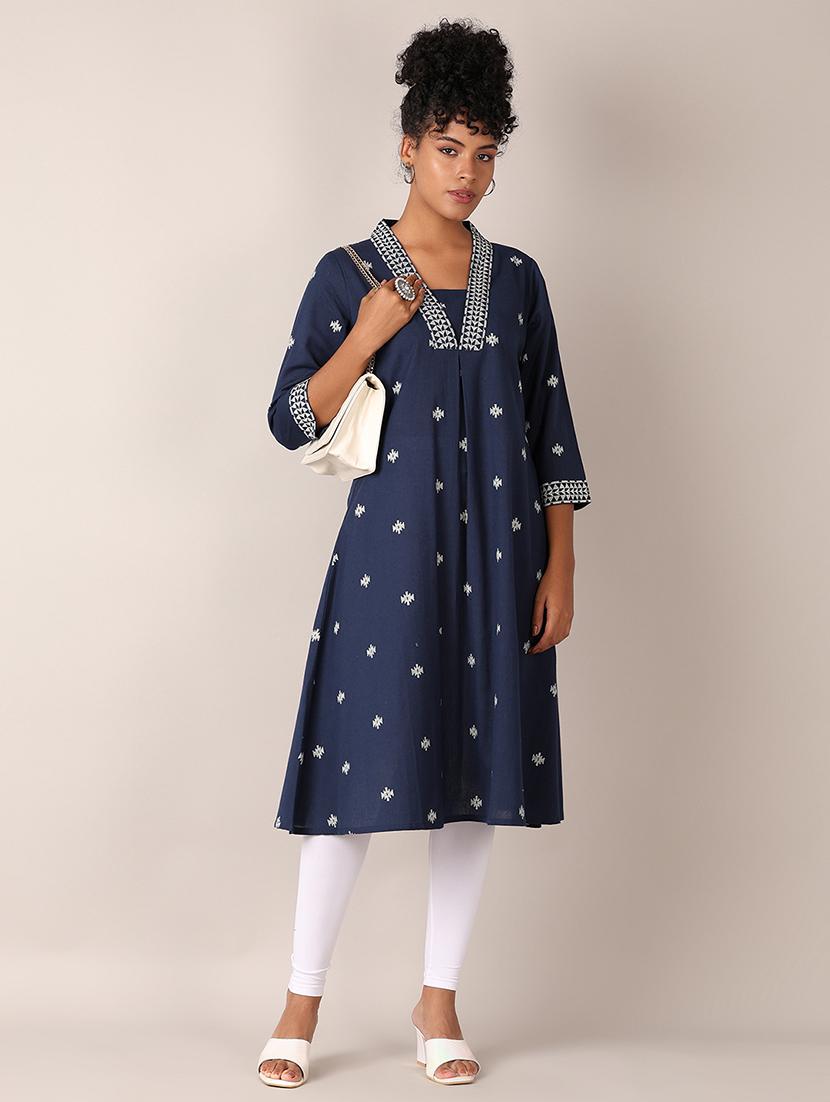 women blue printed v neck a-line kurta - 21627486 - Standard Image - 2