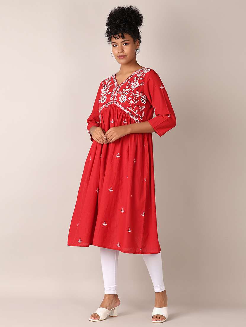 women red embroidered v neck flared kurta