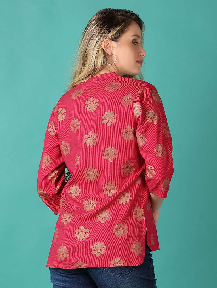 women foil print mandarin neck high low top - 21627520 - Standard Image - 2