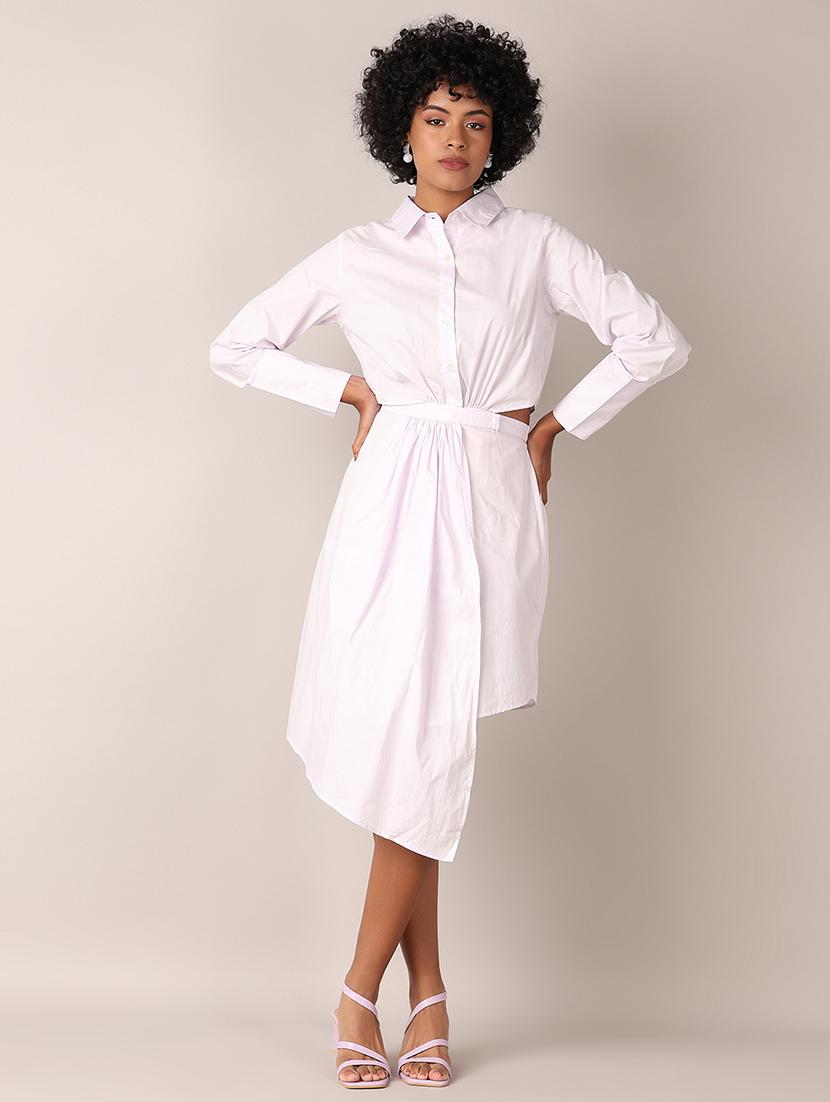 women white solid long sleeve asymmetric dress