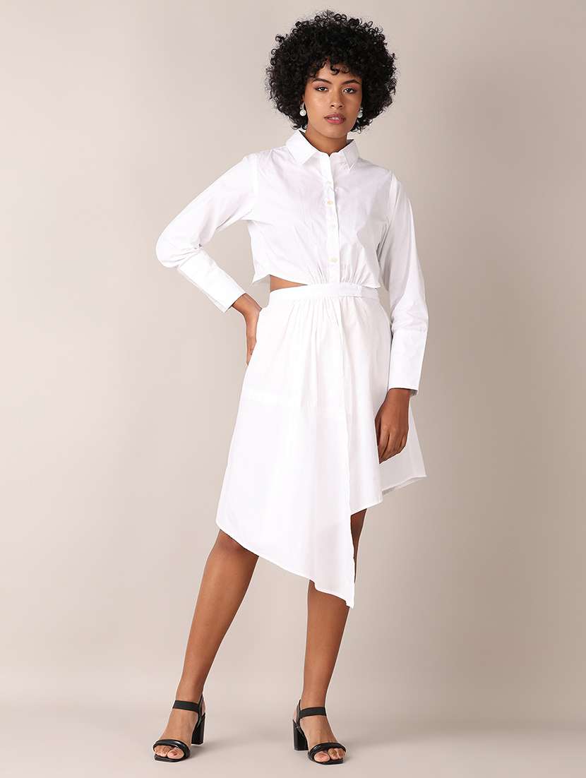 women white solid long sleeve asymmetric dress - 21627524 - Zoom Image - 0