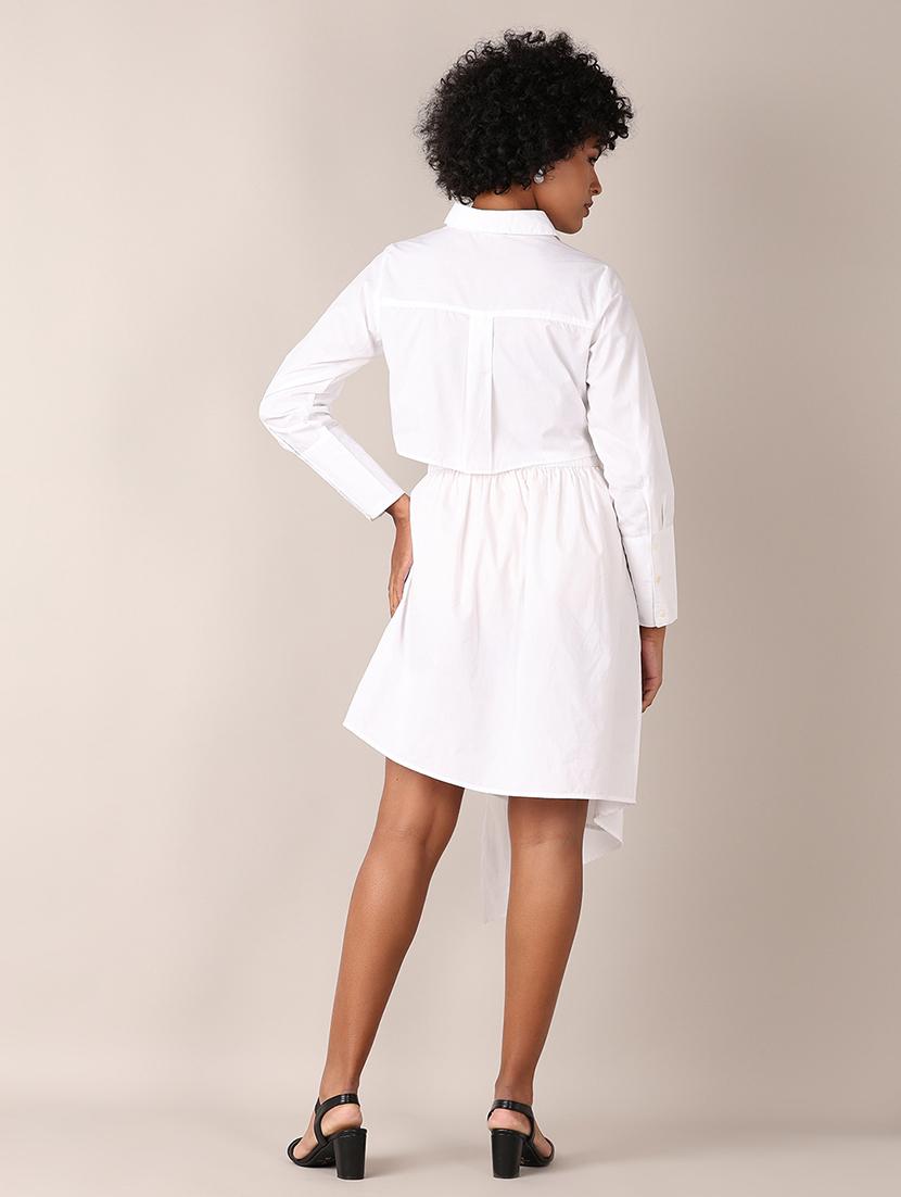 women white solid long sleeve asymmetric dress - 21627524 - Standard Image - 2