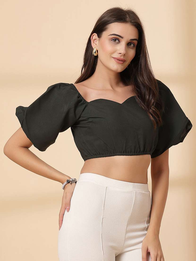 women solid puff sleeve crop top - 21628376 -  Standard Image - 2