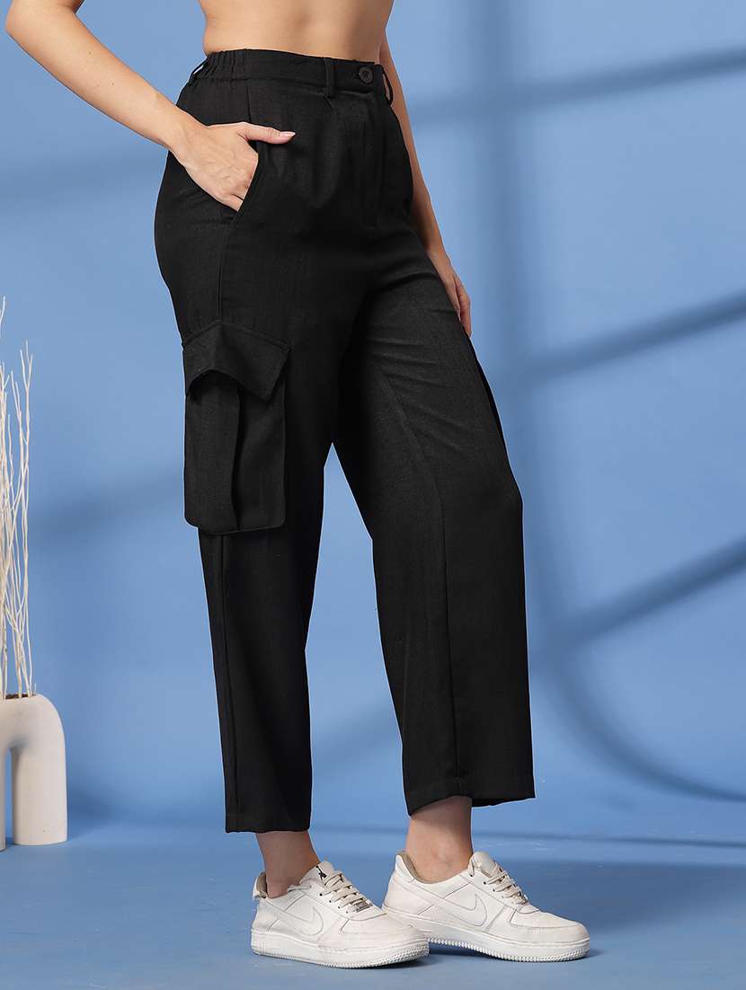 women solid high rise relaxed fit cargo - 21628393 -  Standard Image - 2