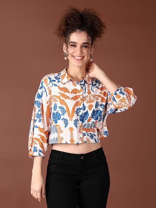 women printed three quarter sleeve crop top - 21628514 -  Standard Image - 0