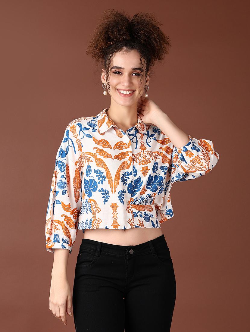 women printed three quarter sleeve crop top - 21628514 -  Zoom Image - 0