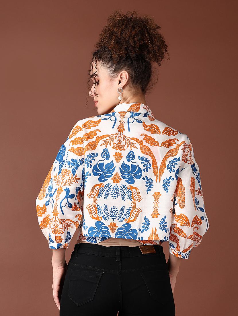 women printed three quarter sleeve crop top - 21628514 - Standard Image - 2