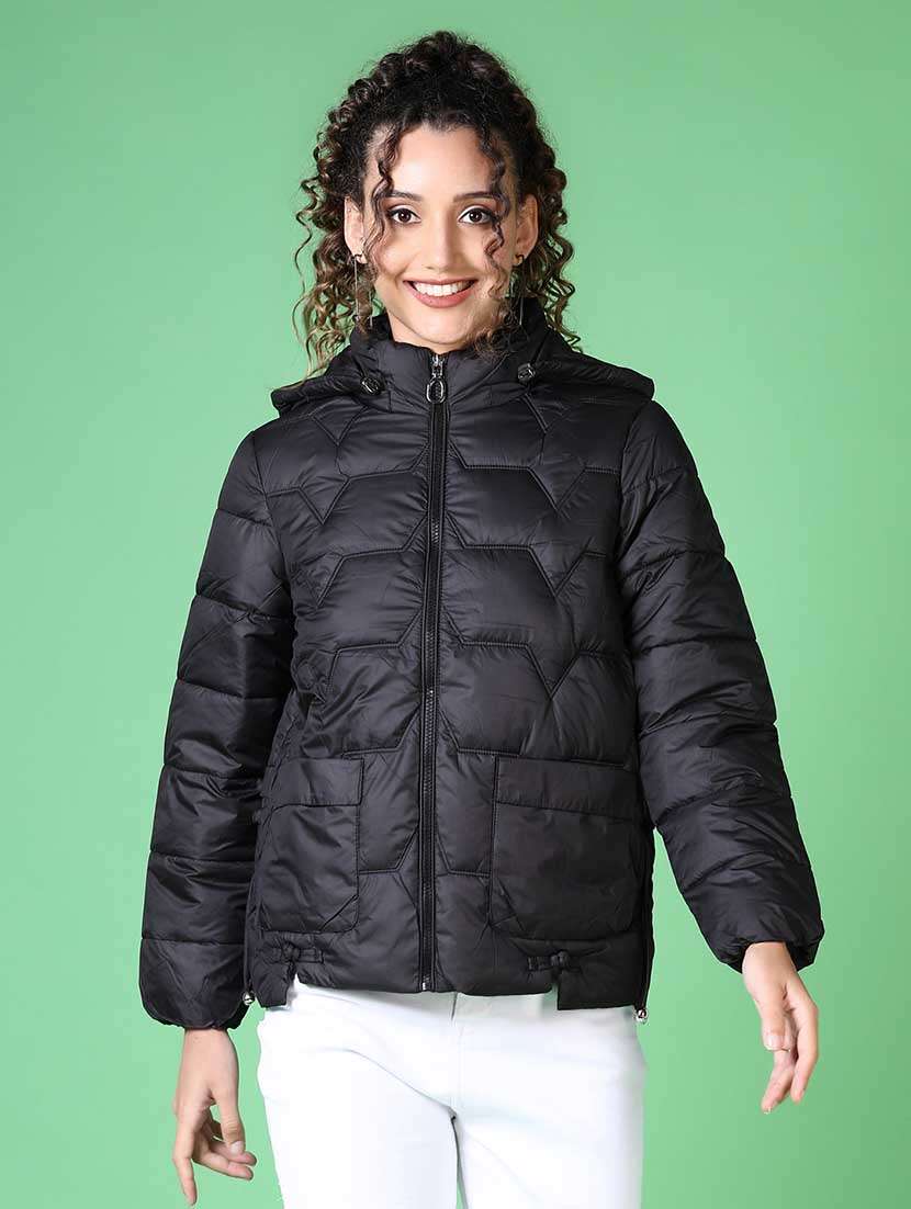 women solid long sleeve quilted jacket