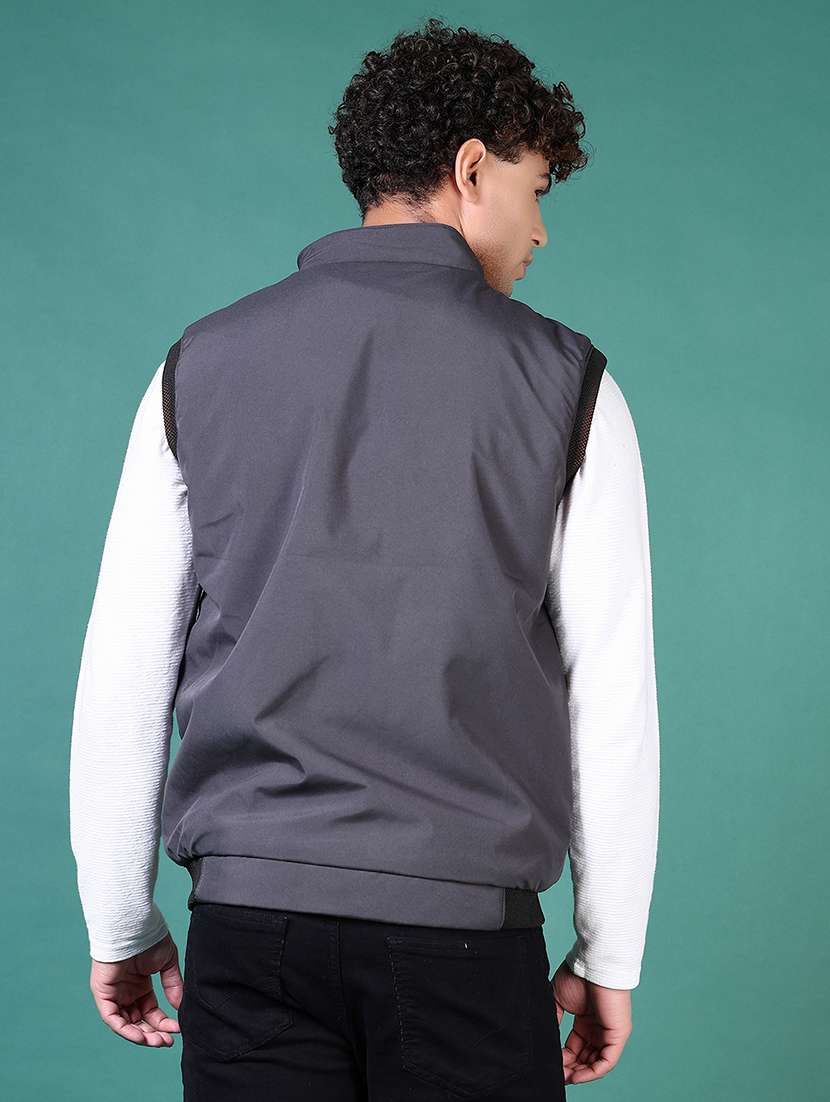 men grey solid sleeveless bomber jacket - 21628962 -  Standard Image - 2