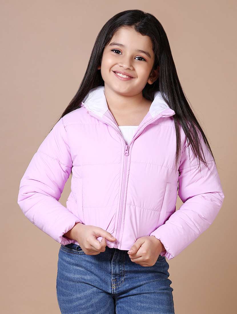 girls solid hooded quilted jacket