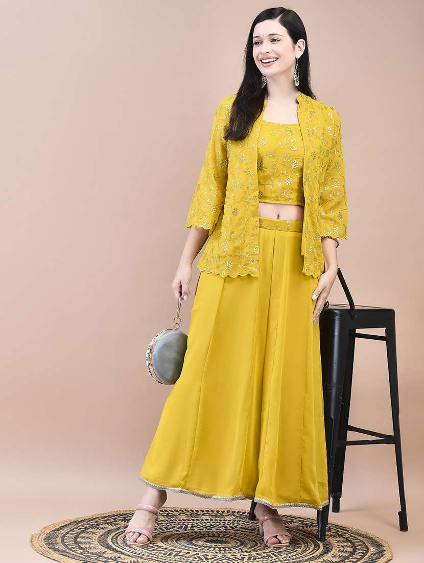 women mustard embroidered fusion set