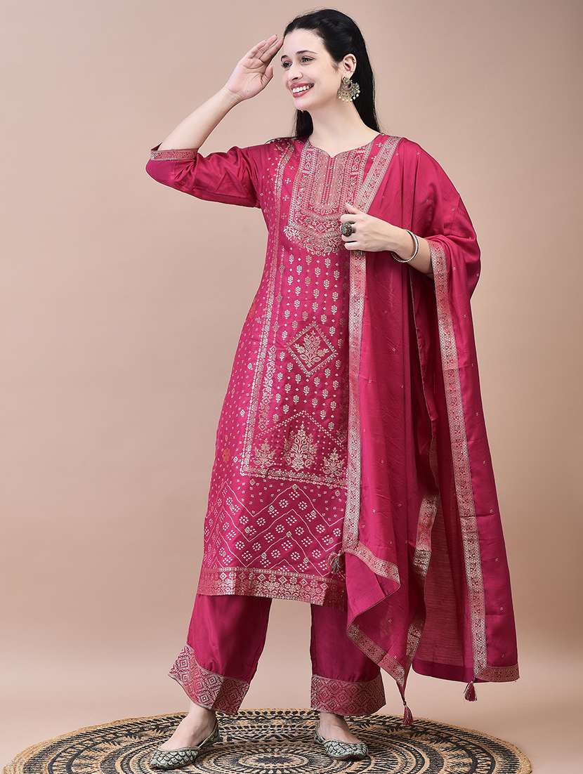 women three quarter sleeve kurta pant with dupatta set