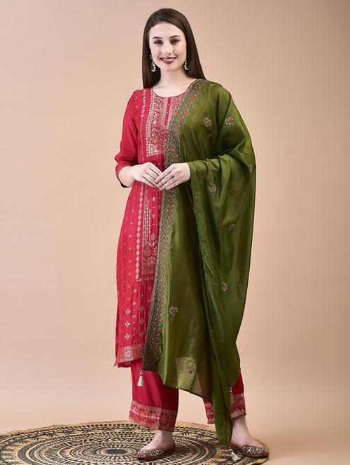 women three quarter sleeve kurta pant with dupatta set - 21629679 - Standard Image - 0