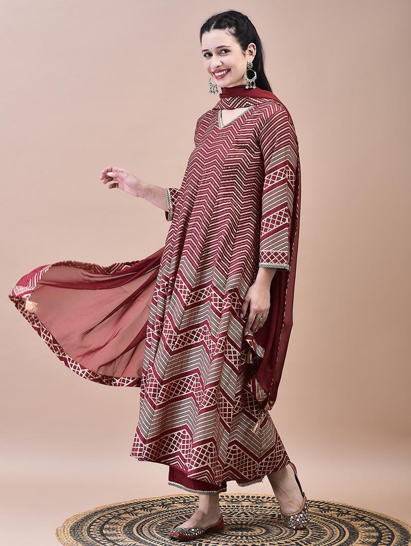 women maroon long sleeve kurta pant with dupatta set - 21629685 - Standard Image - 2