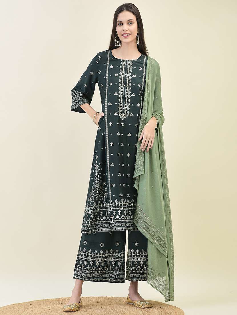 women three quarter sleeve kurta palazzo with dupatta set - 21629689 - Standard Image - 2