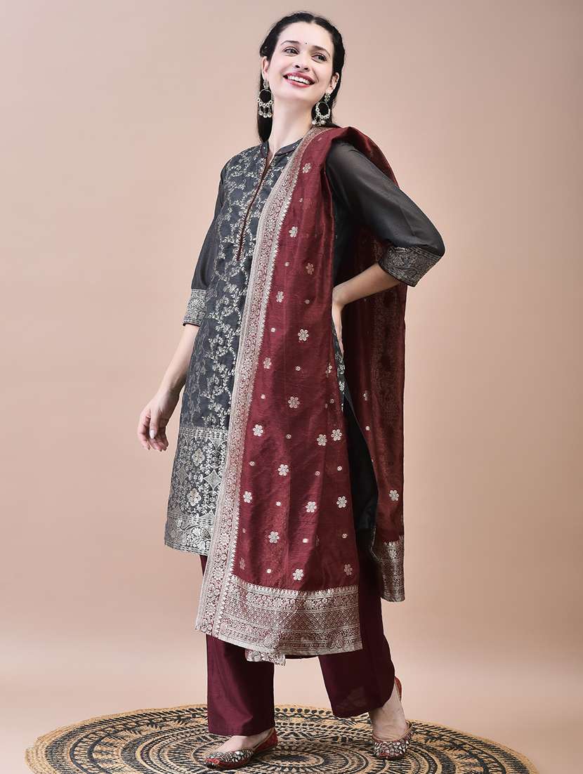 women three quarter sleeve kurta pant with dupatta set