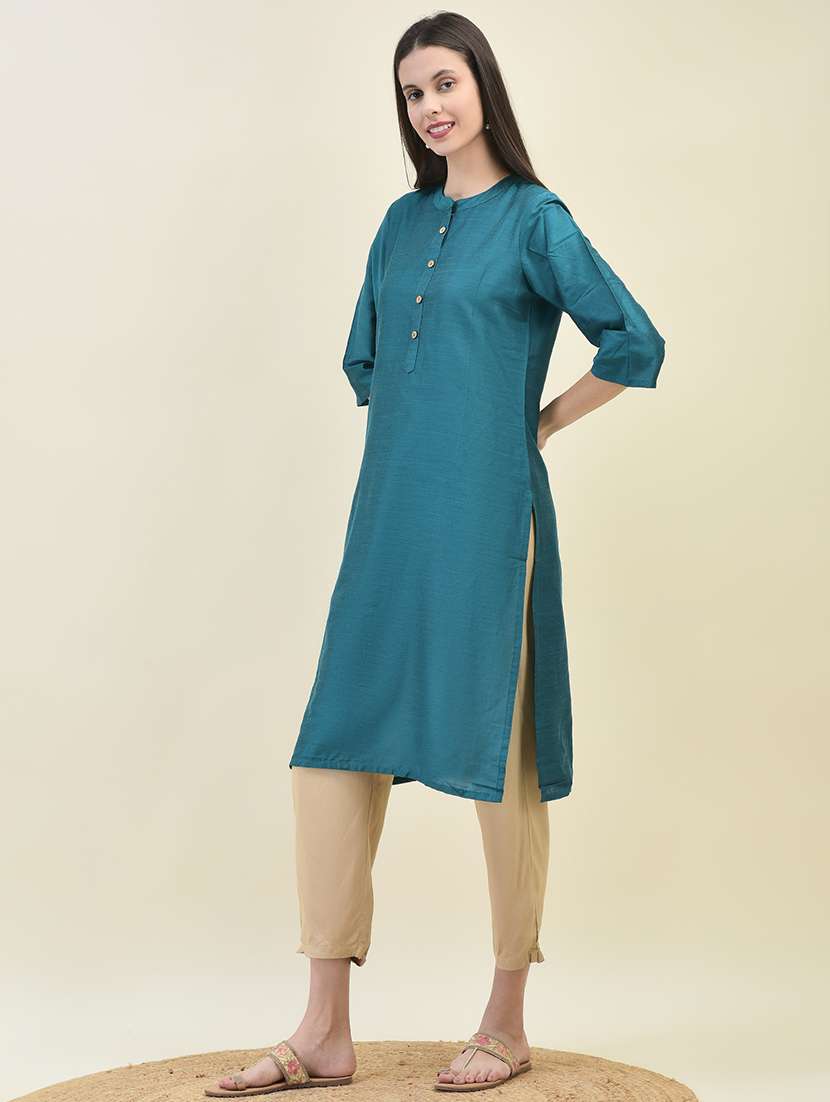 women solid three quarter sleeve straight kurta - 21629732 -  Standard Image - 2