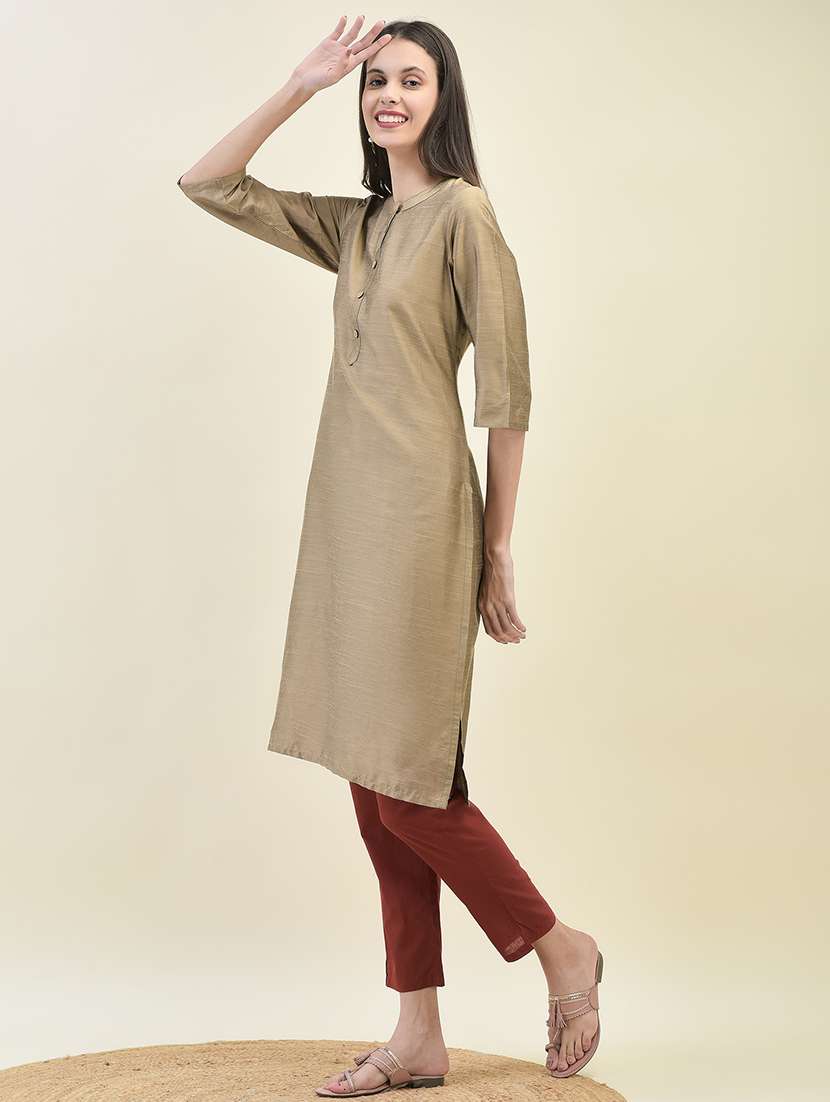 women solid three quarter sleeve straight kurta - 21629733 -  Standard Image - 2