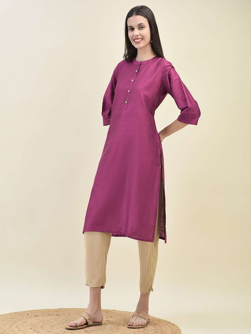 women solid three quarter sleeve straight kurta - 21629734 -  Standard Image - 2