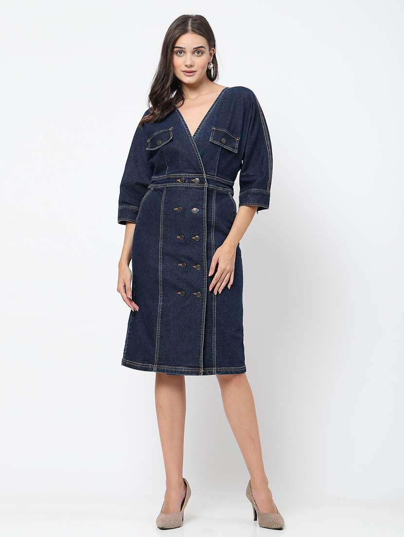 women navy blue denim a-line dress