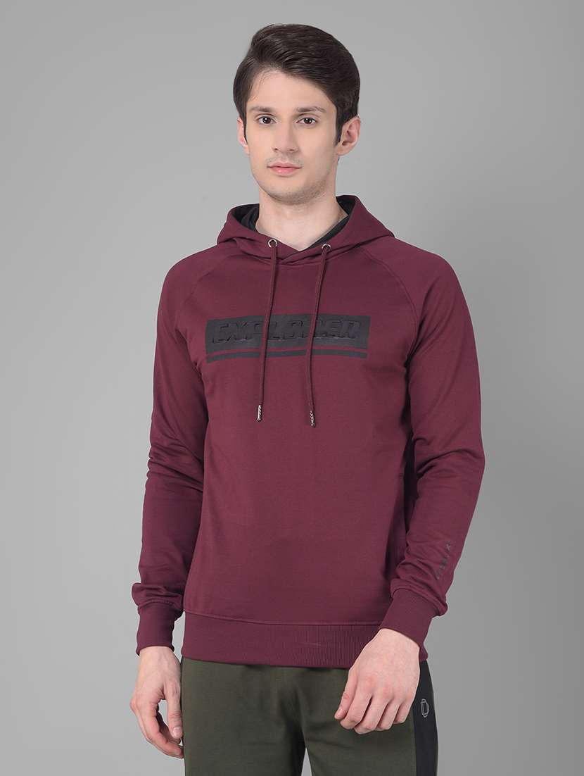 men maroon long sleeve regular fit hooded sweatshirt