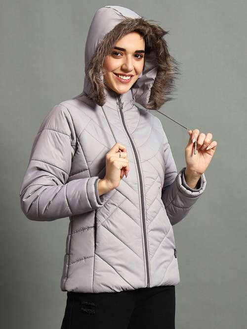 women solid fur hood quilted jacket - 21630374 -  Standard Image - 0