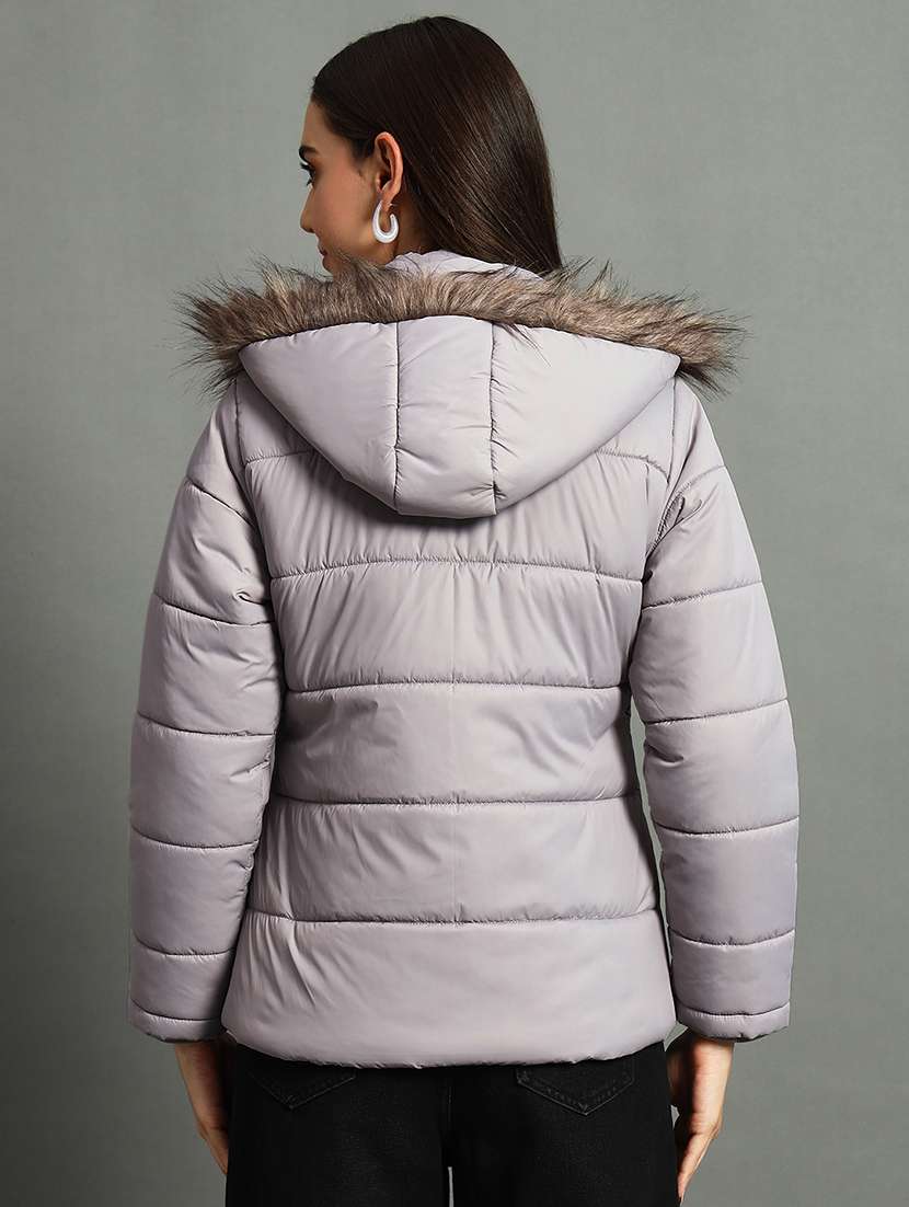 women solid fur hood quilted jacket - 21630374 -  Standard Image - 2