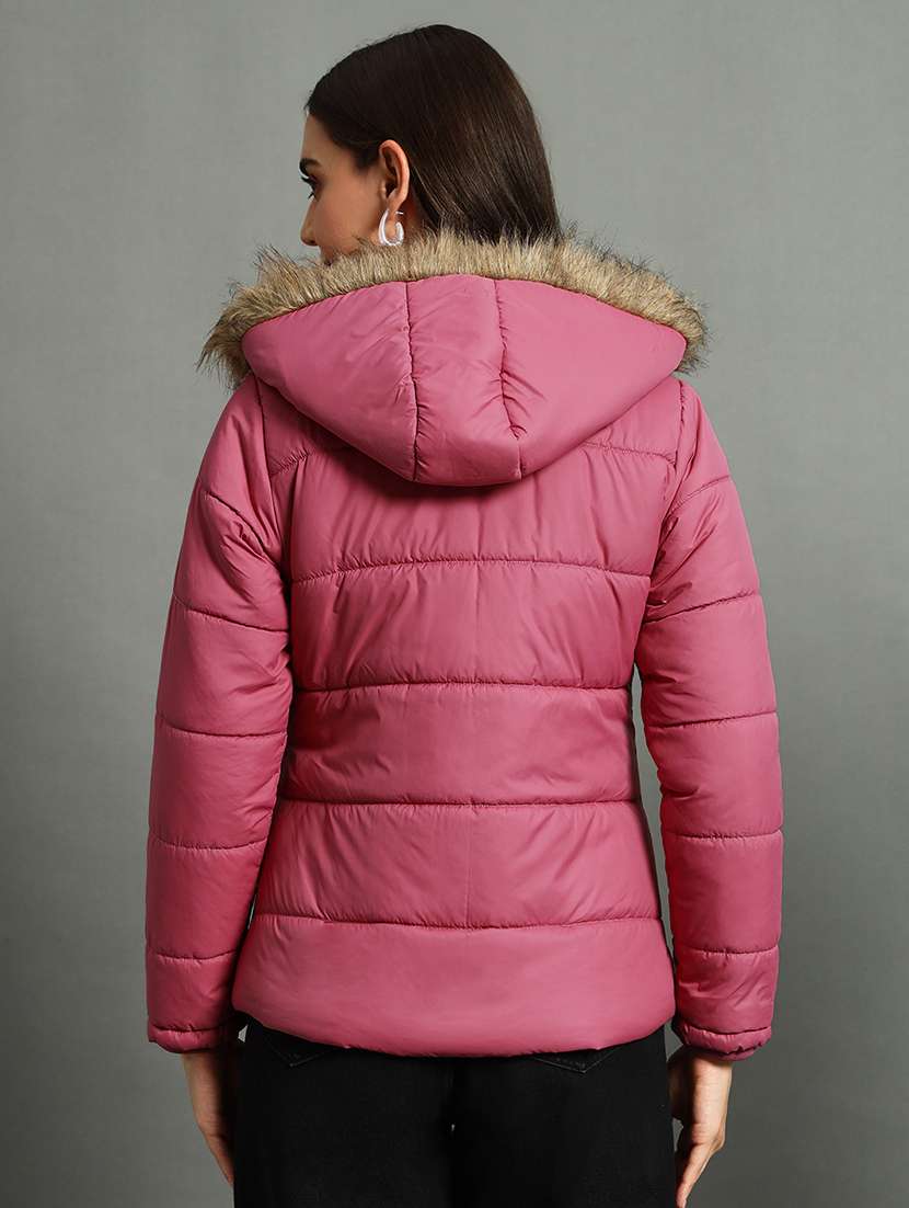 women solid fur hood quilted jacket - 21630375 -  Standard Image - 2