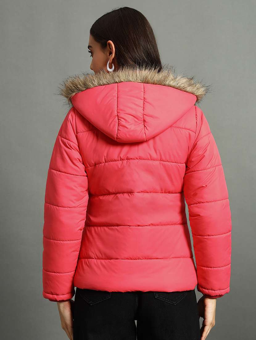 women solid fur hood quilted jacket - 21630376 -  Standard Image - 2