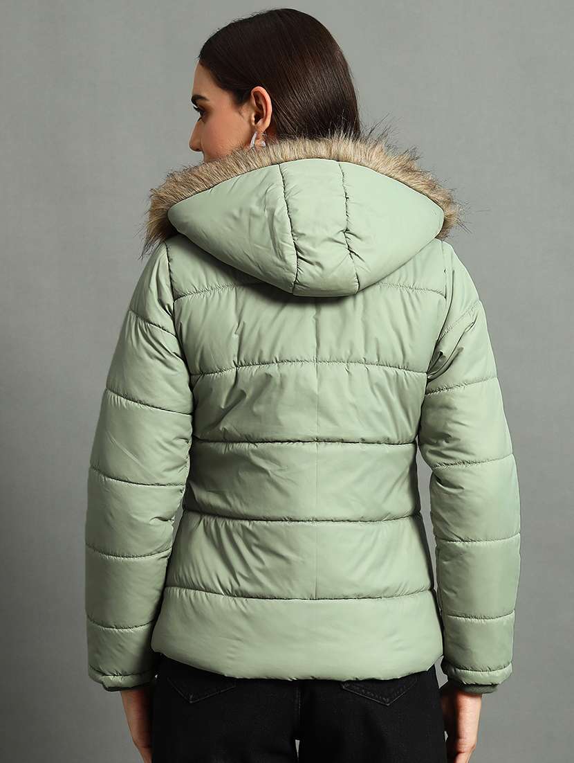 women solid fur hood quilted jacket - 21630377 -  Standard Image - 2