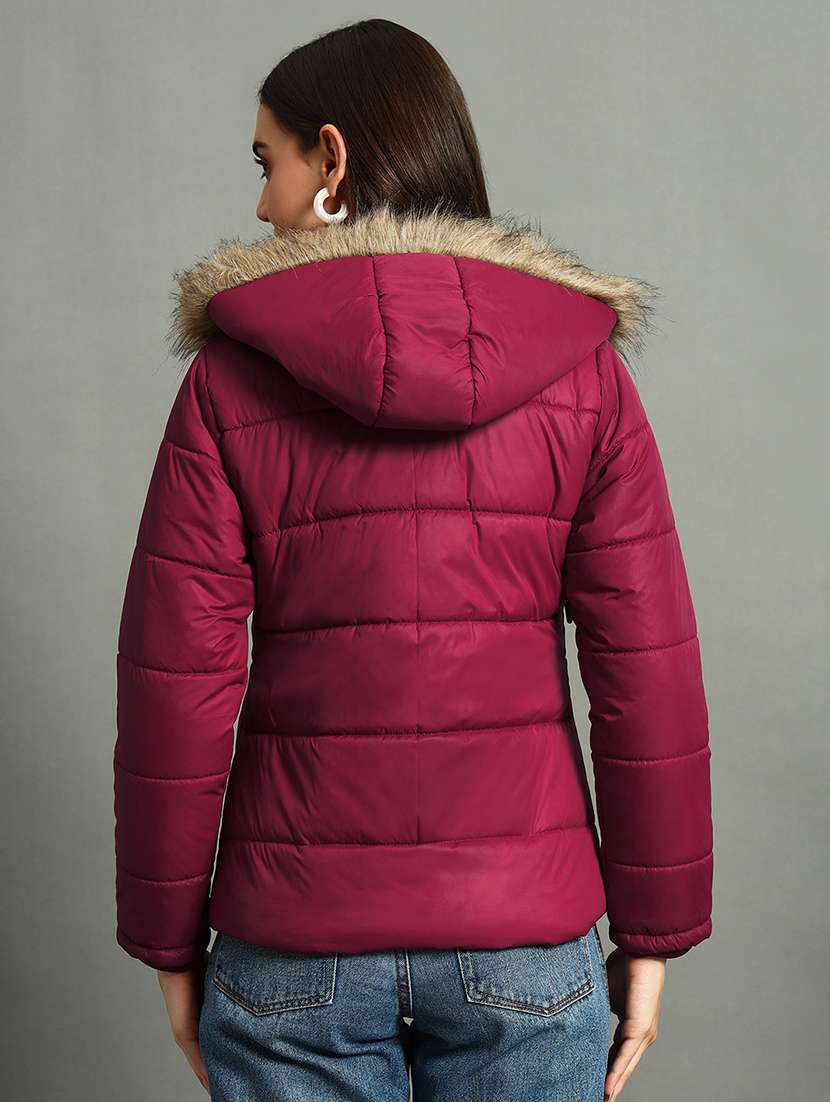 women solid fur hood quilted jacket - 21630379 -  Standard Image - 2