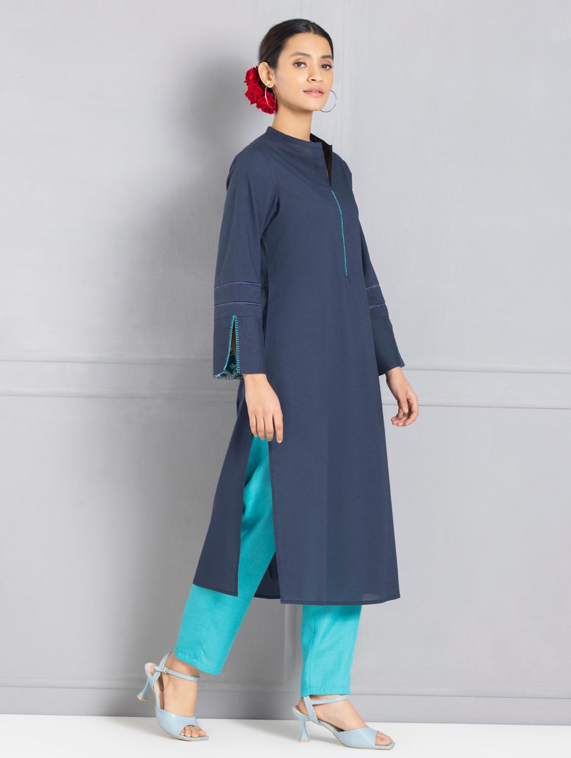 women solid long sleeve straight kurta - 21630561 - Standard Image - 2