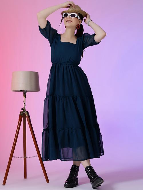 women square neck solid fit & flare dress - 21630569 - Standard Image - 0