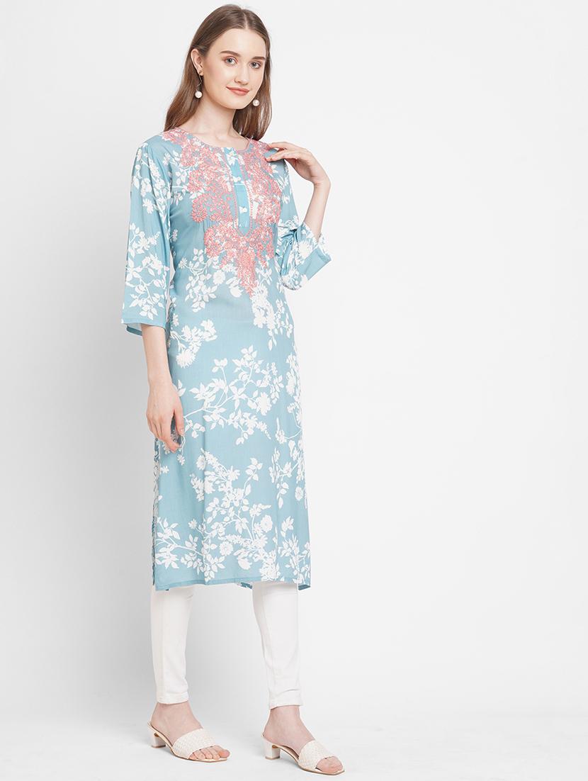 women floral round neck straight kurta - 21631316 - Standard Image - 2