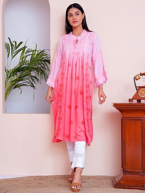 women pink chikankari work flared kurta - 21631863 - Standard Image - 0