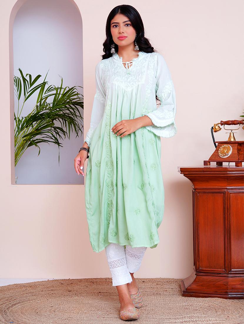 women green chikankari work flared kurta - 21631864 -  Zoom Image - 0