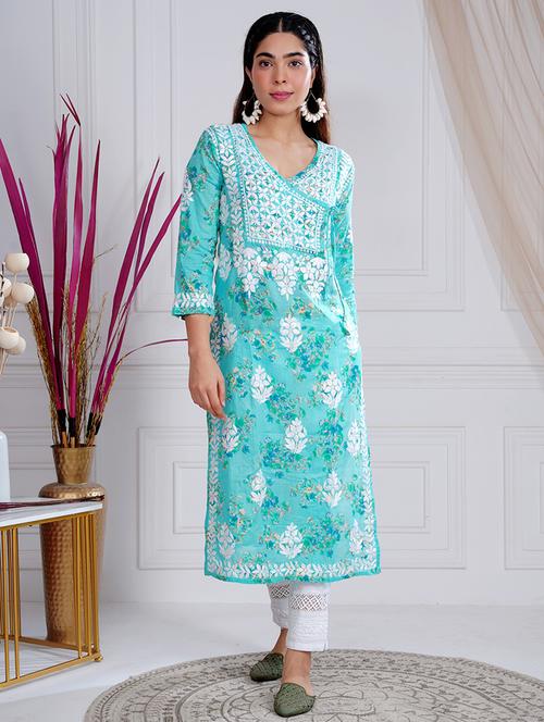 women turquoise chikankari work angrakha kurta - 21631865 -  Standard Image - 0