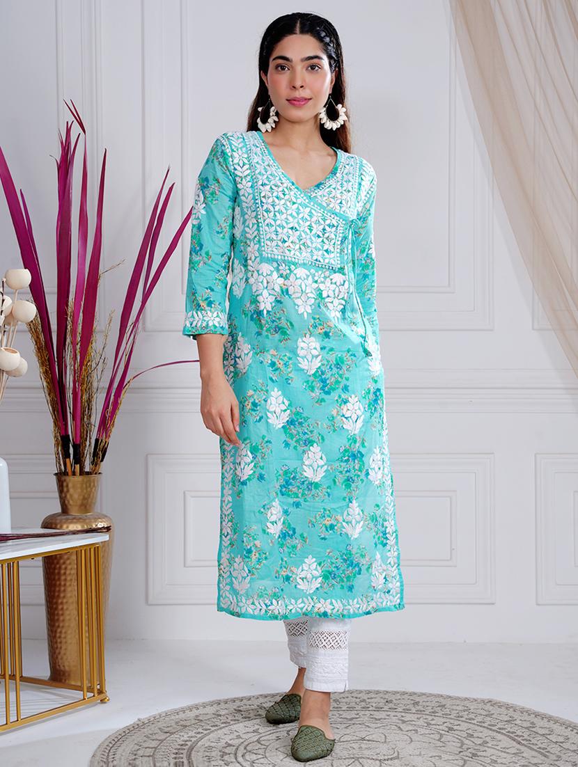 women turquoise chikankari work angrakha kurta - 21631865 -  Zoom Image - 0
