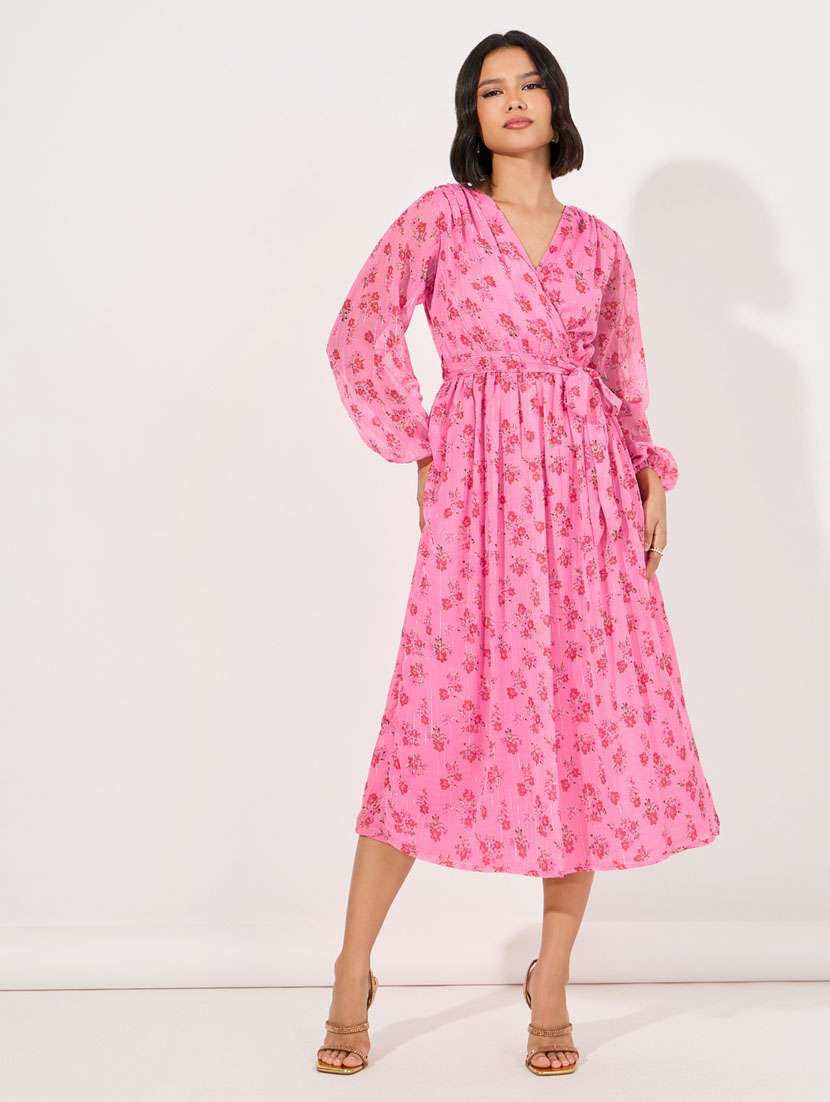 women overlap neck floral printed a-line dress