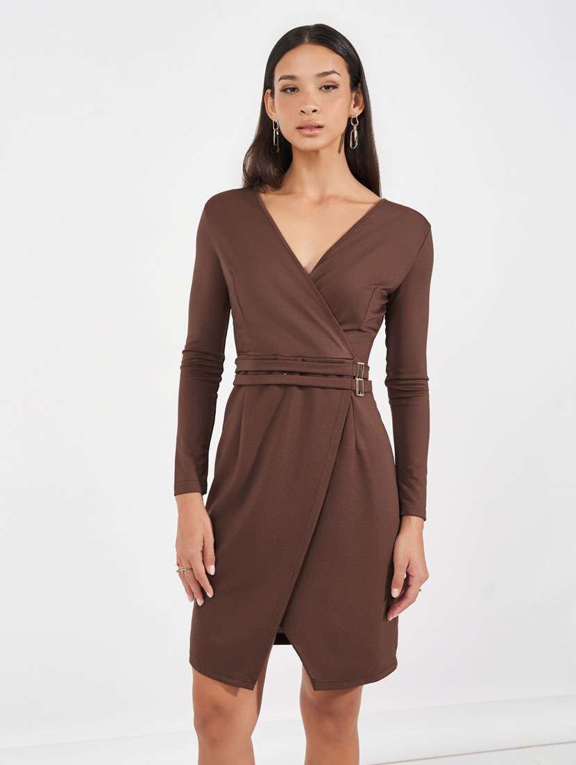 women overlap neck solid wrap dress - 21631998 -  Standard Image - 2