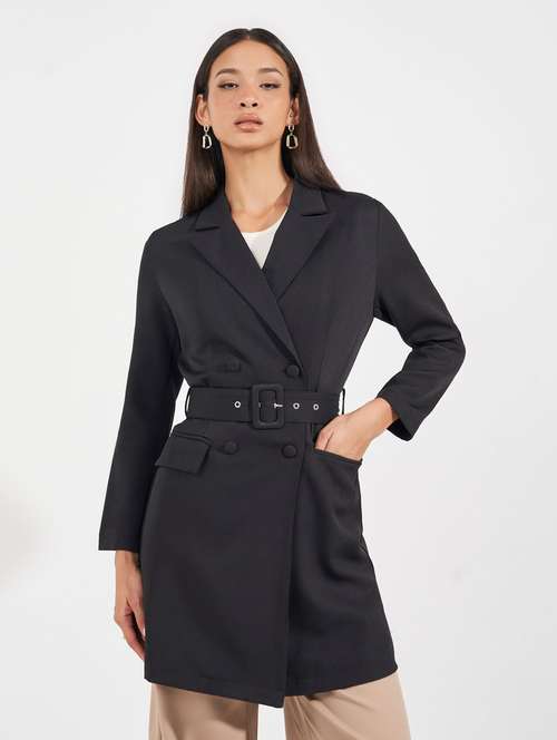 women black solid full sleeve trench coat - 21631999 -  Standard Image - 0