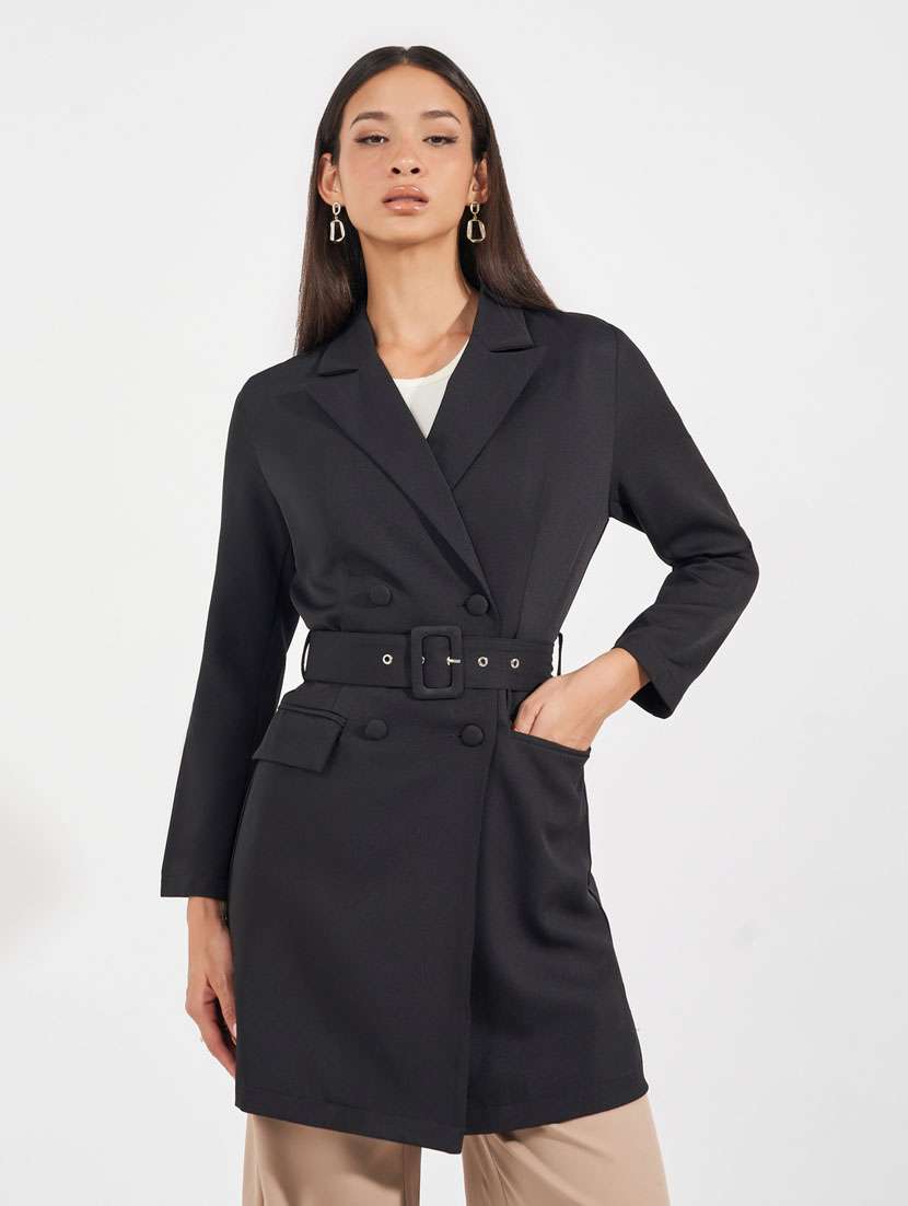 women black solid full sleeve trench coat