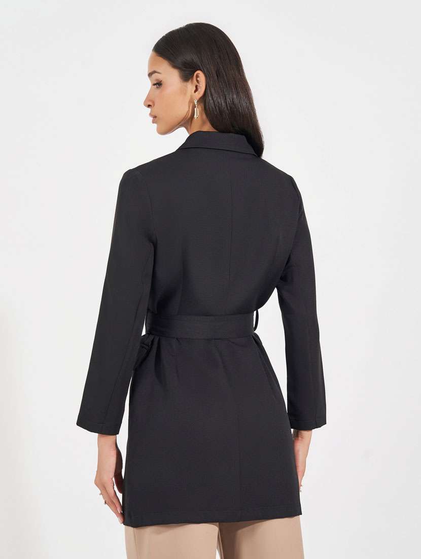 women black solid full sleeve trench coat - 21631999 -  Standard Image - 2