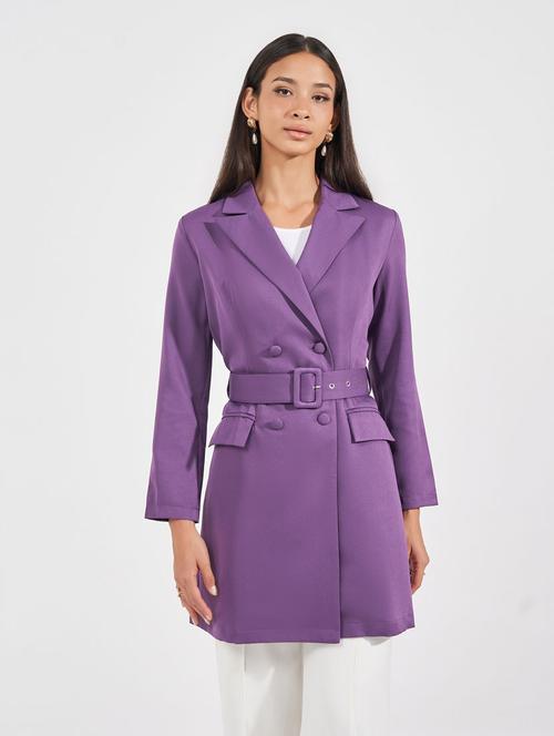women purple solid lapel neck coat - 21632000 - Standard Image - 0