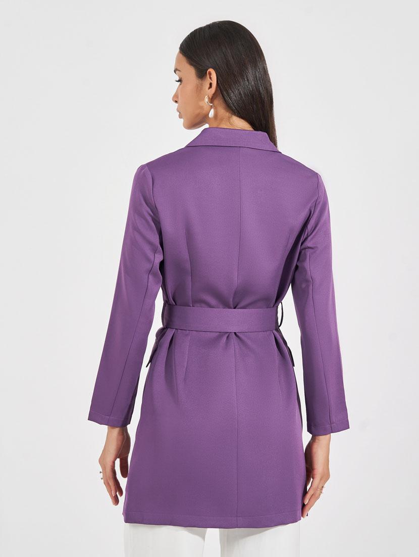 women purple solid lapel neck coat - 21632000 - Standard Image - 2