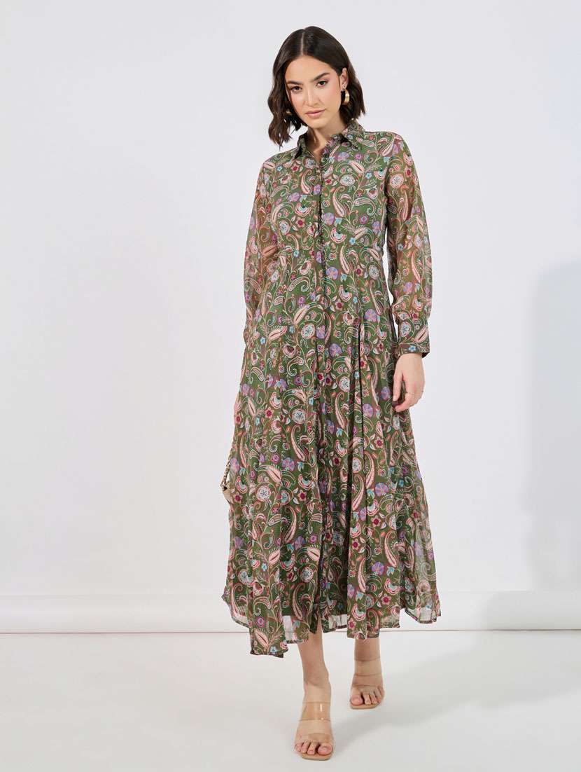women green paisley long sleeve fit & flare dress - 21632009 - Standard Image - 2