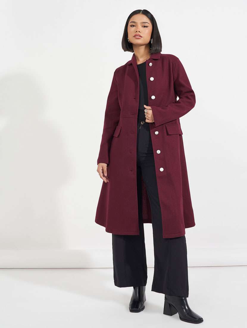 women maroon solid full sleeve overcoat - 21632024 -  Standard Image - 2