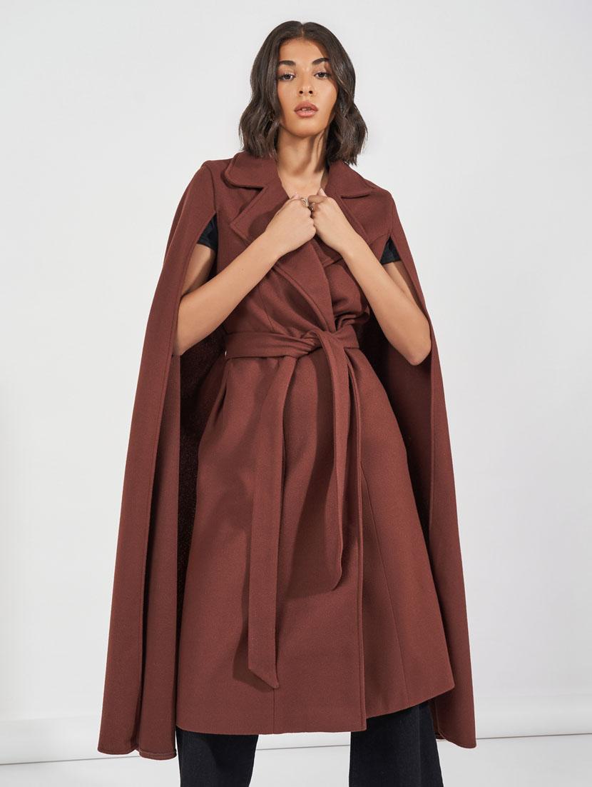 women brown solid long cape sleeve trenchcoat - 21632025 - Standard Image - 2